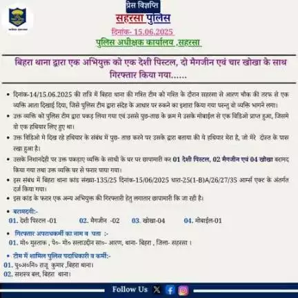बिहरा थाना द्वारा एक अभियुक्त को एक देशी पिस्टल, 04 खोखा, 02 मैगज़ीन एवं 01 मोबाईल के साथ गिरफ्तार किया गया।