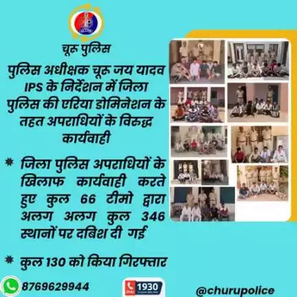 पुलिस अधीक्षक चूरू जय यादव IPS के निर्देशन में जिला पुलिस की एरिया डोमिनेशन के तहत अपराधियों के विरुद्ध कार्यवाही..