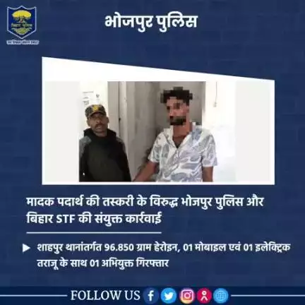 मादक पदार्थ की तस्करी के विरुद्ध #भोजपुर_पुलिस और बिहार STF की संयुक्त कार्रवाई 

शाहपुर थानांतर्गत 96.850 ग्राम हेरोइन, 01 मोबाइल एवं 01 इलेक्ट्रिक तराजू के साथ 01 अभियुक्त को किया गया गिरफ्तार।
.