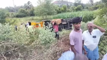 வேடசந்தூர்: தங்கம்மாபட்டியில் மீன் ஏற்றி சென்ற சரக்கு வாகனம் கவிழ்ந்து விபத்து