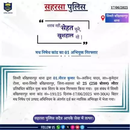 सिमरी बख्तियारपुर थाना द्वारा 25 ली० (250 बोतल) प्रतिबंधित कोडीन युक्त कफ़ सिरप के साथ 01 अपराधकर्मी को गिरफ्तार किया गया