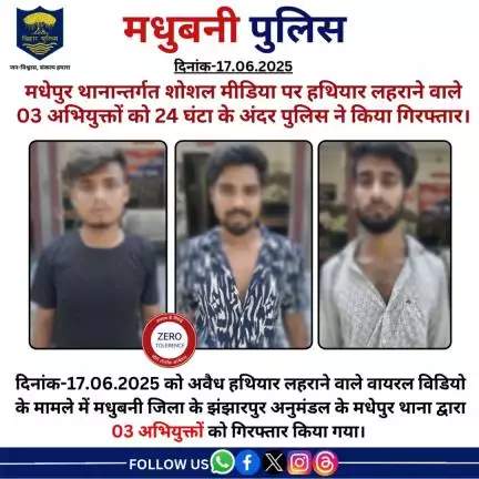 मधेपुर थानान्तर्गत सोशल मीडिया पर हथियार लहराने वाले 03 अभियुक्तों को 24 घंटे के अंदर हथियार सहित गिरफ्तार कर जेल भेजे