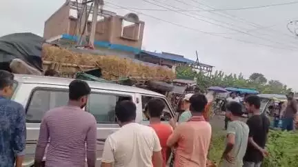 হরিহরপাড়া: খলিলাবাদ পদ্মনাভপুর মোড় এলাকায় খড় বোঝাই গাড়ি উল্টে গেল, অল্পের জন্য প্রাণে রক্ষা চালকের