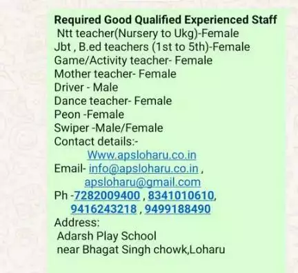 Required staff For class 1st to 5th All subjects 
interview time 9am every day
Place Adarsh Play School #loharu