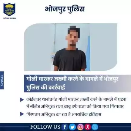 गोली मारकर जख्मी करने के मामले में #भोजपुर_पुलिस की कार्रवाई

कोईलवर थानांतर्गत गोली मारकर जख्मी करने के मामले में घटना में संलिप्त अभियुक्त राजा बाबू उर्फ राजा को किया गया गिरफ्तार