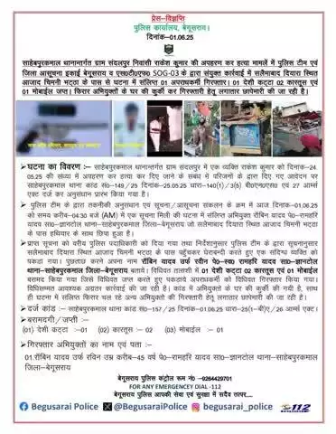 साहेबपुरकमाल थानान्तर्गत ग्राम संदलपुर निवासी राकेश कुमार की अपहरण कर हत्या मामलें में सलैमाबाद दियारा स्थित आजाद चिमनी भट्ठा के पास से घटना में संलिप्त 01 अपराधी अवैध हथियार एवं कारतूस के साथ गिरफ्तार