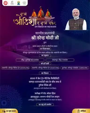 नुआ ओडिशा का नया रेल अध्याय!
प्रधानमंत्री  जी द्वारा ओडिशा को रेल विकास की ऐतिहासिक सौगात –
नई ट्रेन सेवाएं, रेल लाइन का उद्घाटन और भविष्य के प्रोजेक्ट्स का शिलान्यास।