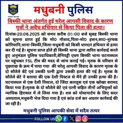 बिस्फी थाना अंतर्गत हुई घरेलु आपसी विवाद के कारण पुत्रों ने अवैध हथियार से किया पिता की हत्या।