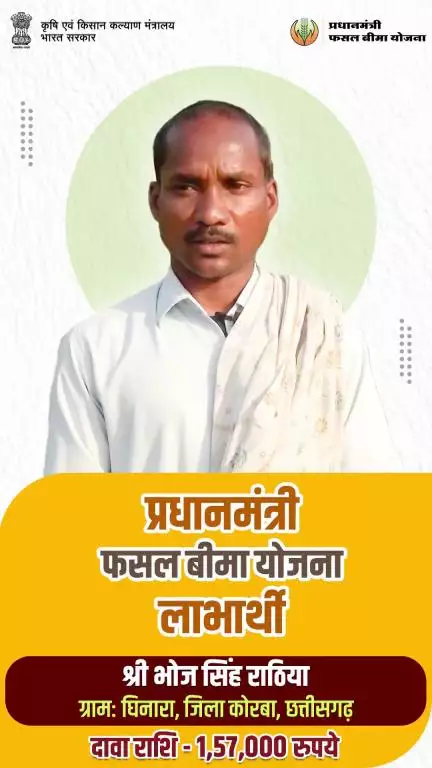 PMFBY लाभार्थी भोज सिंह राठिया को खरीफ 2024 में 1 लाख 57 हजार रुपये बीमा दावा राशि प्राप्त हुई।
