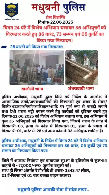 मधुबनी पुलिस द्वारा विगत 24 घंटे में विशेष अभियान चलाया गया ।