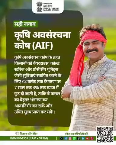 AIF के तहत किसानों को भंडारण व प्रोसेसिंग यूनिट्स हेतु ₹2 करोड़ तक ऋण पर 3% ब्याज में छूट मिलती है।

#AgriQuiz #AIF