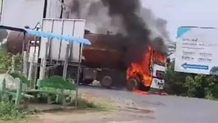 గూడూరు వెంకటగిరి రోడ్డు రహదారి పై అగ్నికి ఆహుతైన ఓ ట్యాంకర్
