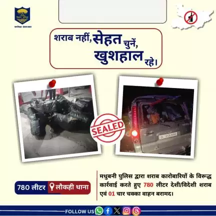 780 लीटर देशी/विदेशी शराब एवं 01 चार चक्का वाहन को लौकही थाना क्षेत्र से बरामद किया गया।