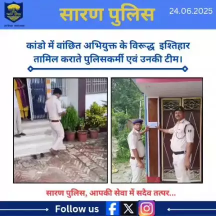 कांडो में वांछित अभियुक्त के विरूद्ध  इश्तिहार तामिल कराते पुलिसकर्मी एवं उनकी टीम।