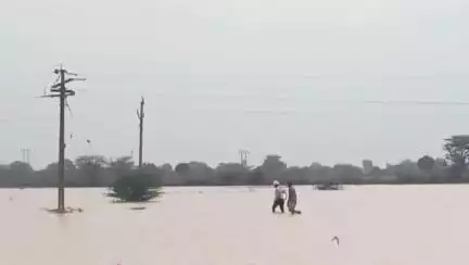 મુળી: સરા ગામે pgvcl કર્મચારીઓ દ્વારા ઢીંચણ સમા પાણીમાં રહીને કામગીરી હાથ ધરી.