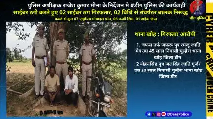 साईबर ठगी करते हुए 02 साईबर ठग गिरफतार, 02 विधि से संघर्षरत बालक निरूद्ध
07 एन्ड्रॉयड मोबाइल , 6 फर्जी सिम, 01 बाईक जप्त