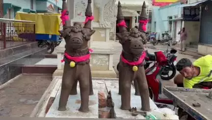 ಇಳಕಲ್‌: ನಗರದ ಮಾರುಕಟ್ಟೆಗೆ ಬಂದು ನೋಡಗರ ಗಮನ ಸೆಳೆಯುತ್ತಿರುವ ದೊಡ್ಡ ಗಾತ್ರದ ಮಣ್ಣೆತ್ತು
