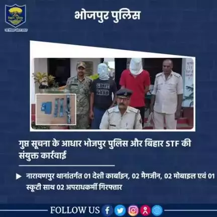 गुप्त सूचना के आधार पर #भोजपुर_पुलिस और बिहार STF की संयुक्त कार्रवाई 

नारायणपुर थानांतर्गत 01 देशी कार्बाइन, 02 मैगजीन ,02 मोबाइल एवं 01 स्कूटी के साथ 02 अपराधकर्मियों को किया गया गिरफ्तार।