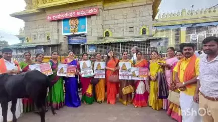 ಮೈಸೂರು: ತುಂಡು ತುಂಡು ಬಟ್ಟೆ ಧರಿಸಿ ದೇವಸ್ಥಾನಗಳಿಗೆ ಬರಬೇಡಿ :  ಚಾಮುಂಡಿ ಬೆಟ್ಟದಲ್ಲಿ ಬಿತ್ತಿಪತ್ರ ಇಡಿದು ಭಕ್ತಾದಿಗಳಿಗೆ ಗುಲಾಬಿ ನೀಡಿ ಜಾಗೃತಿ