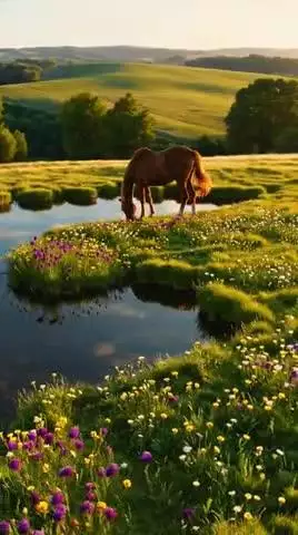 A Horse is grazing and drinking water