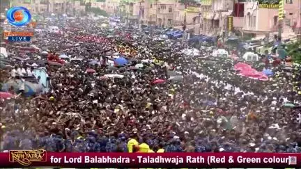Lord Jagannath, Balabhadra, and Subhadra are gracefully seated on their chariots.
