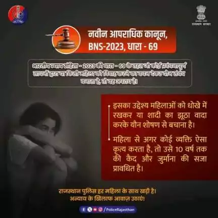 नवीन आपराधिक कानून - 2023 ने हर महिला के सम्मान और सुरक्षा के लिए प्रावधान किये है। 

यदि कोई व्यक्ति शादी करने का झूठा वादा करके या किसी अन्य प्रकार का धोखा देकर यौन संबंध बनाता है, तो अब भारतीय न्याय संहिता ( BNS-2023 ) की धारा - 69 के तह
