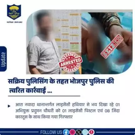 सक्रिय पुलिसिंग के तहत #भोजपुर_पुलिस की
 त्वरित कार्रवाई ...

आरा नवादा थानान्तर्गत लाइसेंसी हथियार से भय दिखा रहे 01 अभियुक्त प्रदुमन चौधरी को 01 लाइसेंसी पिस्टल एवं 08 जिंदा कारतूस के साथ किया गया गिरफ्तार।