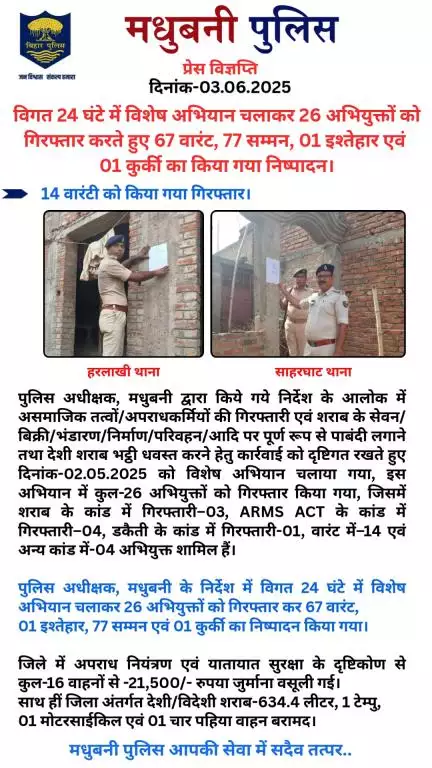 मधुबनी पुलिस द्वारा विगत 24 घंटे में विशेष अभियान चलाया गया।