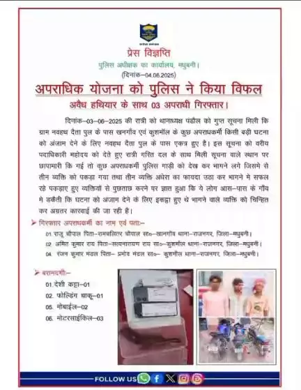 अपराधिक योजना को पुलिस ने किया विफल
अवैध हथियार के साथ 03 अपराधी गिरफ्तार।