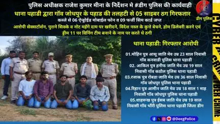 थाना #पहाडी द्वारा गॉव जोधपुर के पहाड की तलहटी से 05 साइबर ठग गिरफतार, 06 मोबाईल फोन व 09 फर्जी सिम कार्ड जप्त