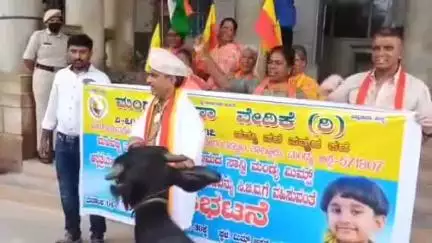 ಮಂಡ್ಯ: ನಗರದ ಮಿಮ್ಸ್ ಆಸ್ಪತ್ರೆ ಎದುರು ಮಿಮ್ಸ್  ವೈದ್ಯರಿಂದ ಬಾಲಕಿ ಸಾವನ್ನಪ್ಪಿದ್ದಾಳೆಂದು ಎಮ್ಮೆಯೊಂದಿಗೆ ಮಂಡ್ಯ ರಕ್ಷಣಾ ವೇದಿಕೆಯಿಂದ ಪ್ರತಿಭಟನೆ