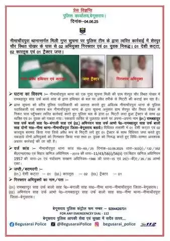 नीमाचाँदपुरा थानान्तर्गत मिली गुप्त सुचना पर पुलिस टीम के द्वारा त्वरित कार्रवाई में शेरपुर चौर स्थित पोखर के पास से 02 अभियुक्त गिरफ्तार एवं 01 युवक निरूद्ध। 01 देशी कट्टा, 02 कारतूस एवं 01 ट्रैक्टर जप्त ।