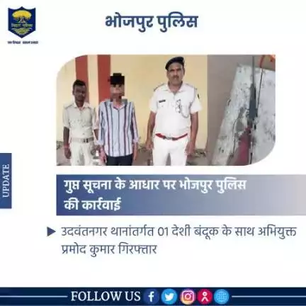 गुप्त सूचना के आधार पर #भोजपुर_पुलिस की कार्रवाई

उदवंतनगर थानांतर्गत 01 देशी बंदूक के साथ अभियुक्त प्रमोद कुमार को किया गया गिरफ्तार।
.
.