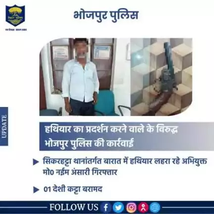 हथियार का प्रदर्शन करने वाले के विरुद्ध #भोजपुर_पुलिस की कार्रवाई

सिकरहट्टा थानांतर्गत बारात में हथियार लहरा रहे अभियुक्त मो० नईम अंसारी को एक देशी कट्टा के साथ किया गया गिरफ्तार।
.
