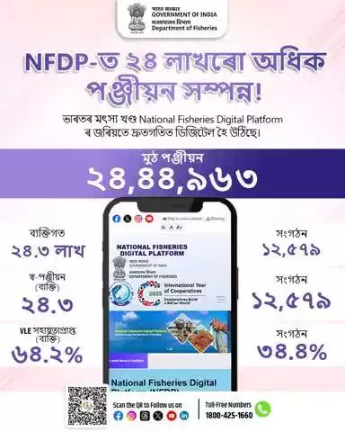 এনএফডিপি ২৪ লাখৰো অধিক পঞ্জীয়ন অতিক্ৰম কৰিলে!
ভাৰতৰ মাছ উদ্যোগ ডিজিটেল হৈ উঠিছে NFDP-ৰ জৰিয়তে।