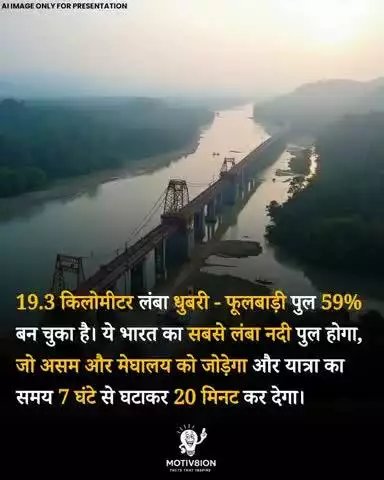 19.3 किलोमीटर लंबा धुबरी - फूलबाड़ी पुल 59% बन चुका है। ये भारत का सबसे लंबा नदी पुल होगा, जो असम और मेघालय को जोड़ेगा और यात्रा का समय 7 घंटे से घटाकर 20 मिनट कर देगा।

#factsyoudidntknow #viralthispost #bridge #FactsMatter