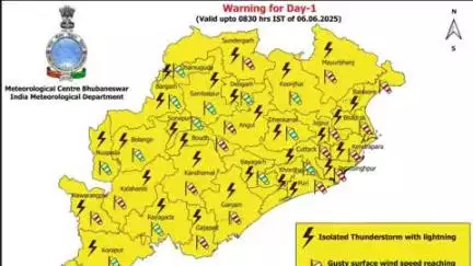 ବୌଦ୍ଧ ସଦର: ଭାରତ ପାଣିପାଗ ବିଭାଗର ତଥ୍ୟ ଅନୁଯାୟୀ ଆଜି ବୌଦ୍ଧଜିଲାରେ ବଜ୍ରପାତସହିତ ବର୍ଷା ଓ ୪୦ରୁ୫୦କିମି ବେଗରେ ପବନ ହେବାର ନେଇ ଏଲୋ ୱାର୍ଣ୍ଣିଙ୍ଗ ଜାରୀ