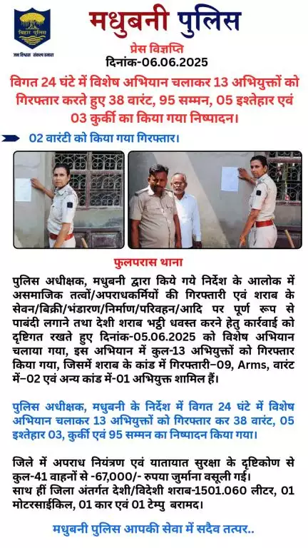 मधुबनी पुलिस द्वारा विगत 24 घंटे में विशेष अभियान चलाया गया।
