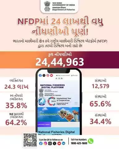 NFDPમાં 24 લાખથી વધુ નોંધણીઓ પૂર્ણ! 🎉

માછીમારી ક્ષેત્રમાં ડિજિટલ ક્રાંતિ તરફ મજબૂત પગલુ. ભારત સરકાર માછીમારોની સમૃદ્ધિ અને સુરક્ષા માટે પ્રતિબદ્ધ છે.

વધુ માહિતી માટે મુલાકાત લો: nfdp.dof.gov.in