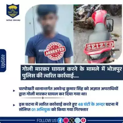 चरपोखरी थानान्तर्गत अमरेन्द्र कुमार सिंह को अज्ञात अपराधियों द्वारा गोली मारकर घायल कर दिया गया था। इस घटना में त्वरित कार्रवाई करते हुए 48 घंटों के अन्दर घटना में प्रयुक्त मोटरसाइकिल के साथ 01 अभियुक्त को किया गया गिरफ्तार।
