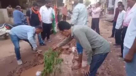 डालीबाबा में सीवर लाइन के गड्ढों से कीचड़ भरी सड़क पर युवक कांग्रेस ने किया पौधारोपण