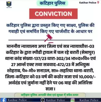 कटिहार पुलिस द्वारा प्रस्तुत किए गए साक्ष्य, पुलिस की गवाही एवं समर्पित किए गए चार्जशीट के आधार पर
