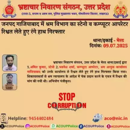 भ्रष्टाचार के विरुद्ध जीरो टालरेंसः- भ्रष्टाचार निवारण संगठन, उ0प्र0 के मेरठ थाना/इकाई द्वारा जनपद गाजियाबाद में श्रम विभाग के स्टेनो व कम्प्यूटर आपरेटर को ₹10,000/- की रिश्वत लेते हुए रंगे हाथ गिरफ्तार किया गया।