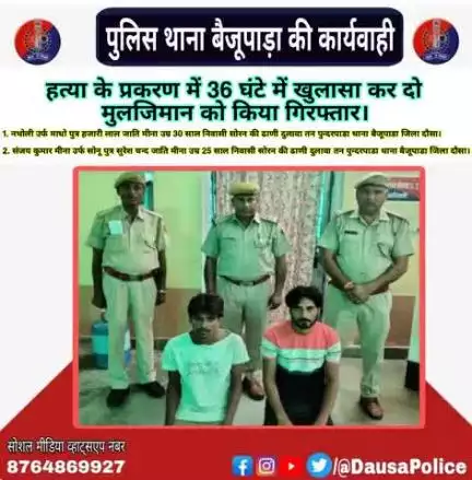 जिला पुलिस अधीक्षक दौसा #श्री_सागर_राणा_आईपीएस के निर्देशन में पुलिस थाना #बैजूपाड़ा ने हत्या के प्रकरण में त्वरित कार्यवाही कर घटना के मात्र 36 घंटे में दो मुलजिमों नथोली उर्फ माधो व संजय कुमार को किया गिरफ्तार।
#Psbaijupara_dsa
#DausaPoli