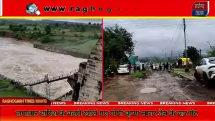 राघौगढ़ : गोपी कृष्ण सागर डेम के चार गेट खोले, कलेक्टर ने किया निरिक्षण, शाम 6:30 बजे के बाद डेम क्षेत्र में प्रवेश प्रति