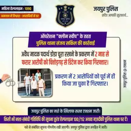 ऑपरेशन "क्लीन स्वीप" के तहत पुलिस थाना संजय सर्किल की कार्रवाई।
अवैध मादक पदार्थ डोडा चूरा रखने के प्रकरण में 2 माह से फरार आरोपी को किया गिरफ्तार।
प्रकरण में 2 आरोपियों को पूर्व में ही किया जा चुका है गिरफ्तार।