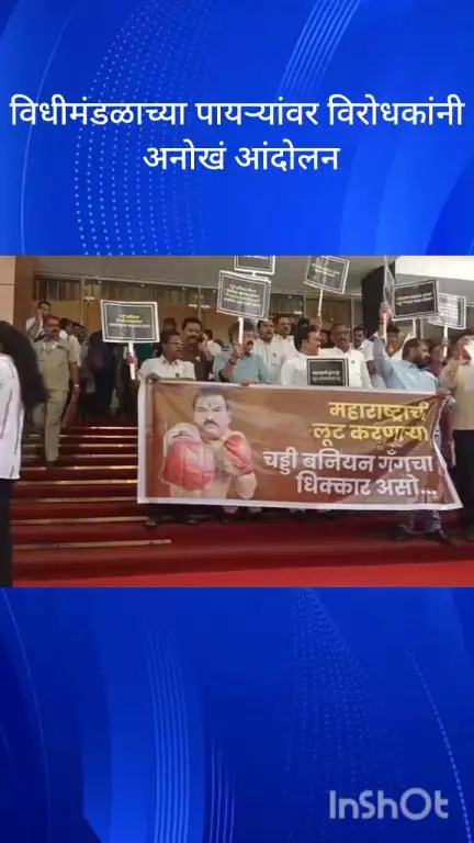 मुंबई: विधीमंडळाच्या पायऱ्यांवर विरोधकांनी अनोखं  आंदोलन केलं.विधीमंडळाच्या पायऱ्यांवर त्यांनी जोरदार घोषणाबाजी