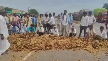 దాచేపల్లిలో రోడ్డుపై పొగాకు పోసి రైతుల ఆందోళన