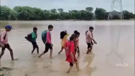 खनियाधाना तहसील के अंतर्गत ग्राम पंचायत बाहर्रा में आज तक नहीं बनी स्कूली सड़क बच्चे गहरी तालाब में से निकलनेको है मजबूर
