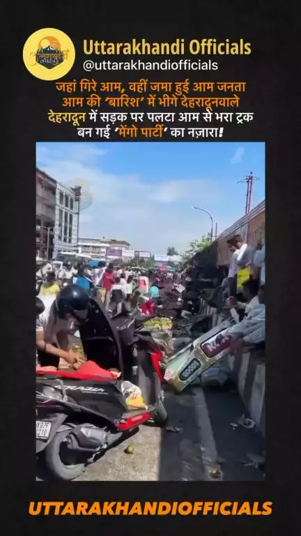 जहां गिरे आम, वहीं जमा हुई आम जनता
आम की ‘बारिश’ में भीगे देहरादूनवाले 
देहरादून में सड़क पर पलटा आम से भरा ट्रक 
बन गई ‘मेंगो पार्टी’ का नज़ारा!
